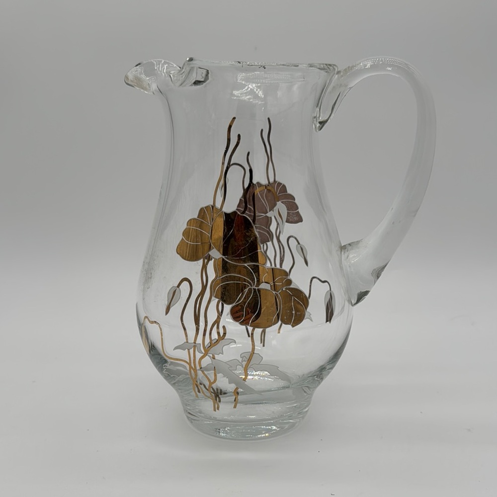 Vintage Gold Cyclamen Motif Mid Century Modern Glass Pitcher with Ice Lip 9.25"